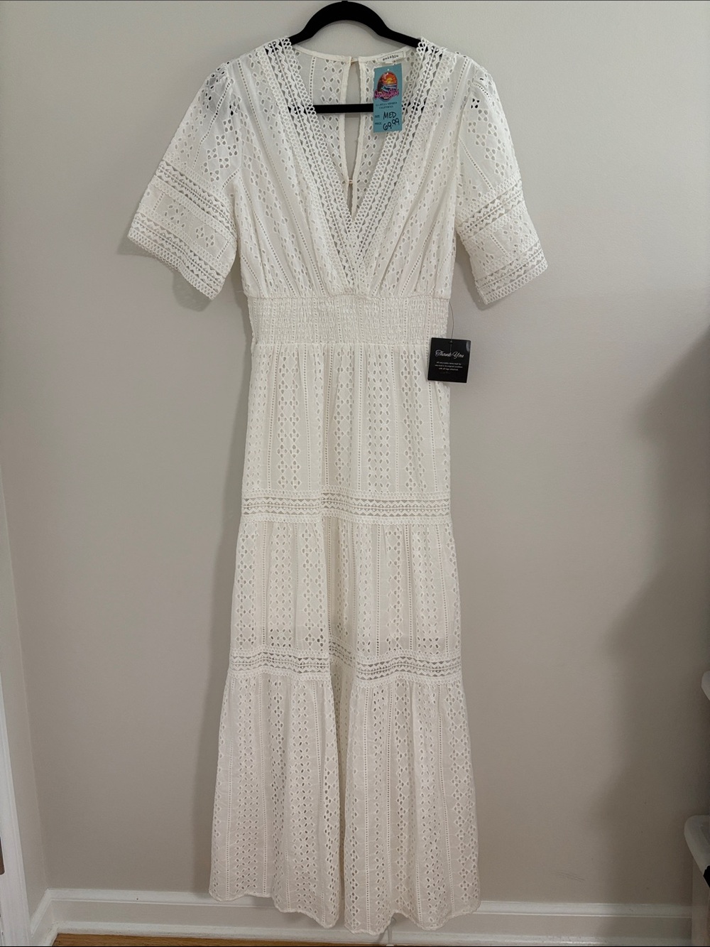 White Eyelet V-Neck Maxi Dress with Smocked Waist
